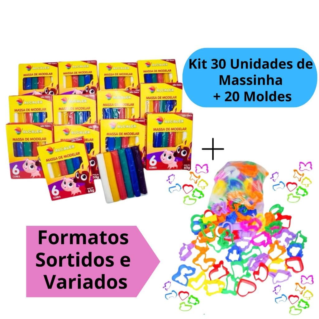 Kit 30 Unidades de Massinha de Modelar + 20 Cortador Forminha Molde Festa Lembrancinha Criança Aniversário
