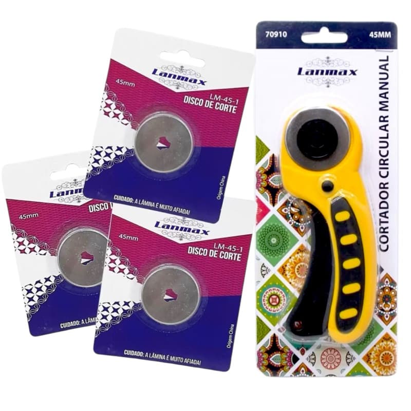 Cortador Circular 45mm + 3 Laminas Extra - Papel Tecido Eva Patchwork Artesanato - LANMAX
