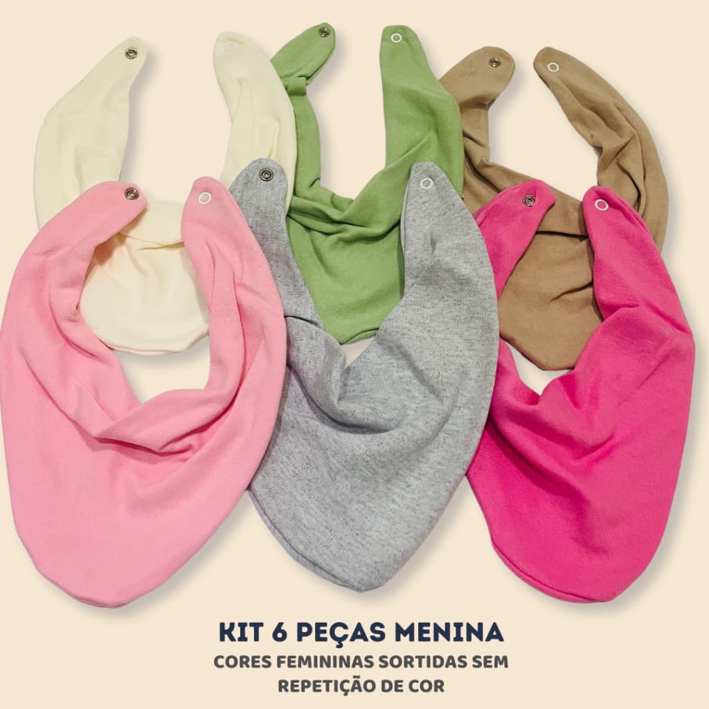 Kit Com 6 Babador Bandana de Bebê Infantil 100% Algodão Cores Sortidas
