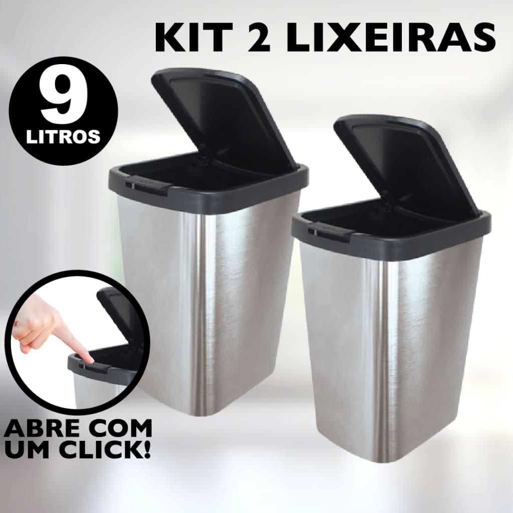 Kit 2 Lixeiras Cesto de Lixo 9 Litros Com Tampa Click Para Banheiro e Cozinha - Plástico Metalizado (Inox)
