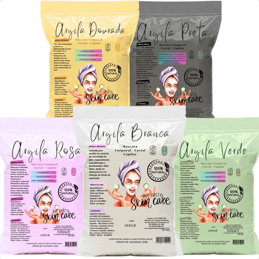 Kit 5x100 Argila Facial Skin Care Corporal - Branca - Verde - Rosa - Preta - Dourada