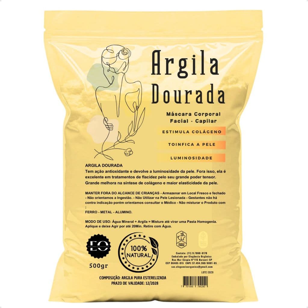 Skin Care Mascara Facial Argila Dourada 500g Linhas de Expressão Colageno 100% Natural Organica