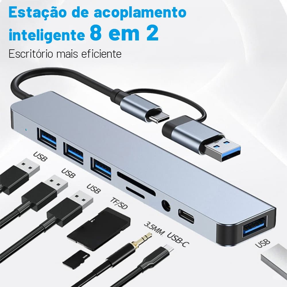 Expansor De Hub 8 Em 2 USB Type C Com Leitor TF SD Saída De Áudio PD De 3.5 Mm Para Laptop