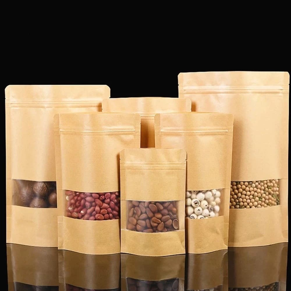 50 Unidades Saco Para Biscoito, Embalagem Para Doces, Saco Stand Up Pouch Kraft Com Visor Zip Lock Saquinho Zip Lock