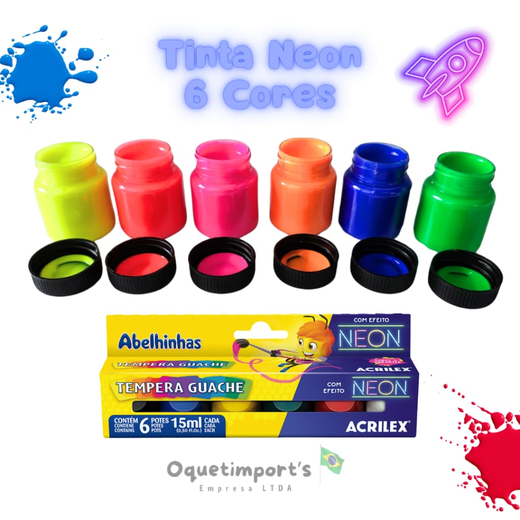 Tinta Guache Neon 6 Cores p/ Arte e Pintura Não Tóxico Acrilex