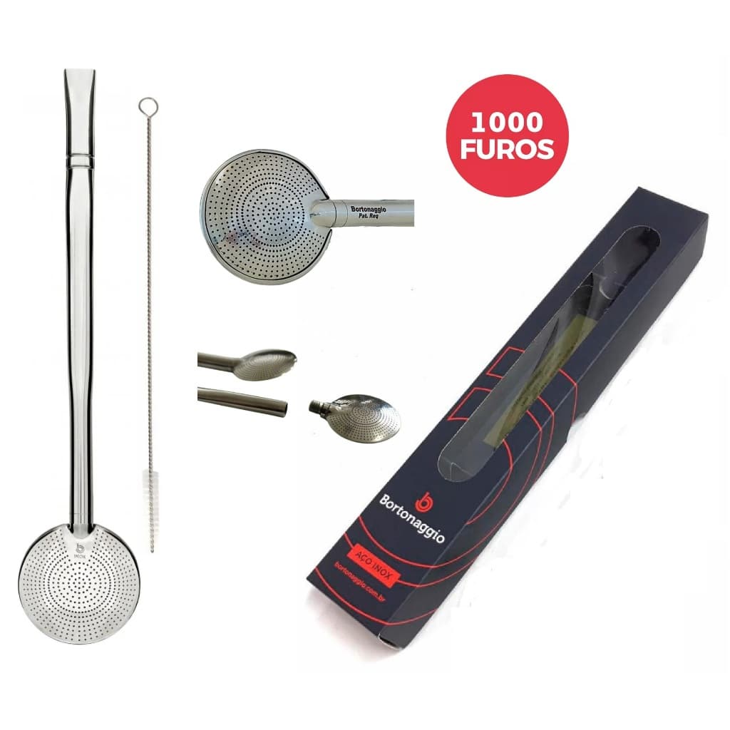 Bomba Chimarrão 1000 Furos desmontável Aço Inox  Bortonaggio + Escova Limpeza + Caixa