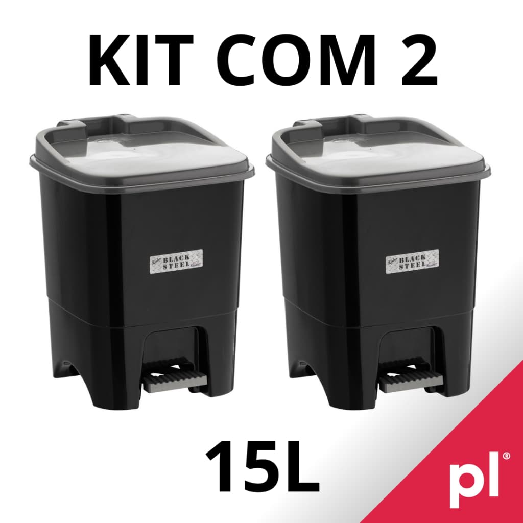 Kit 2 Lixeiras Black Steel Com Pedal 15L Reforçada Lavanderia Banheiro Escritório Cozinha Plástico
