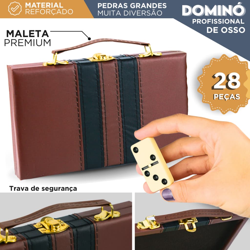 Domino De Osso Profissional - Pedras Grandes-C/Maleta - 10Mm - C/28 Peças - CH