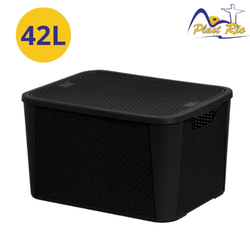 Caixa de Armazenamento Organizadora Rattan 42 L Preto Grande C/Tampa Multiuso Brinquedos Roupas