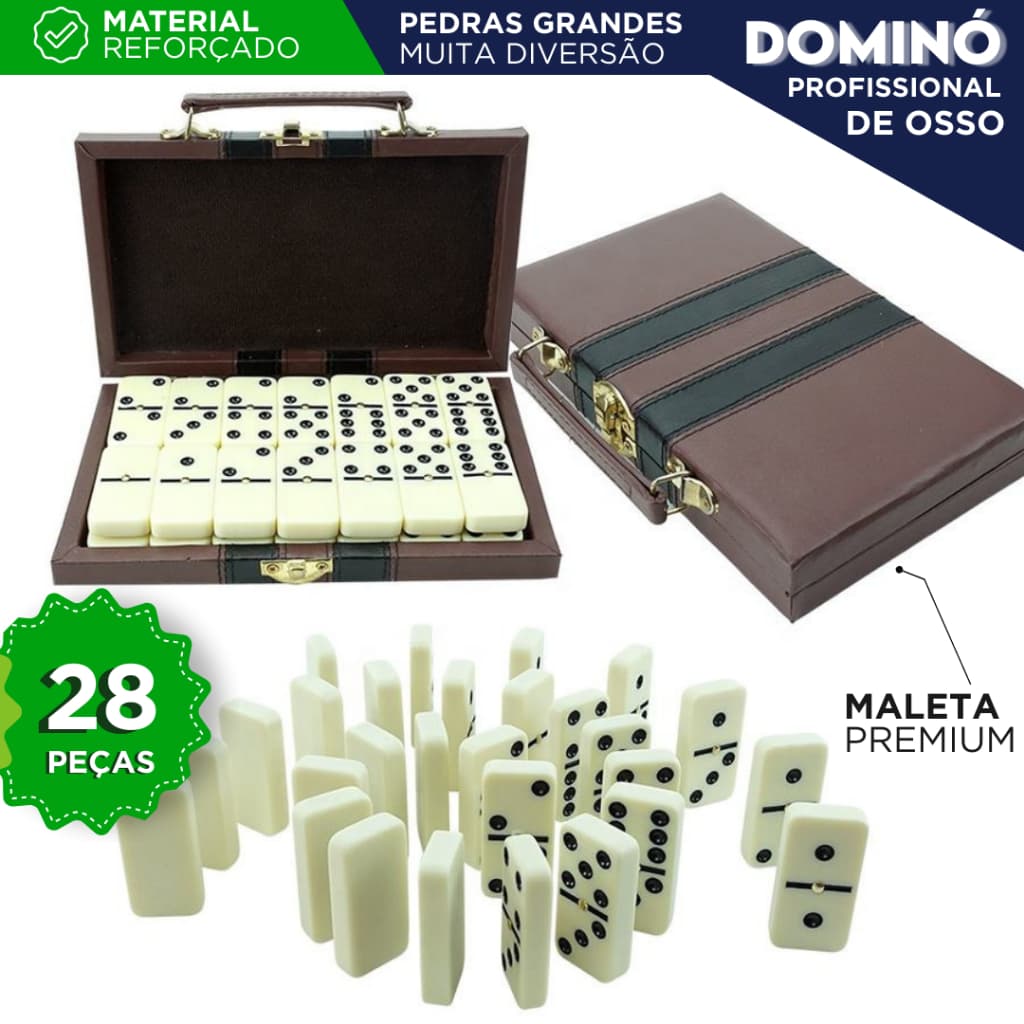 Domino De Osso Profissional - Pedras Grandes-C/Maleta - 10Mm - C/28 Peças - NL