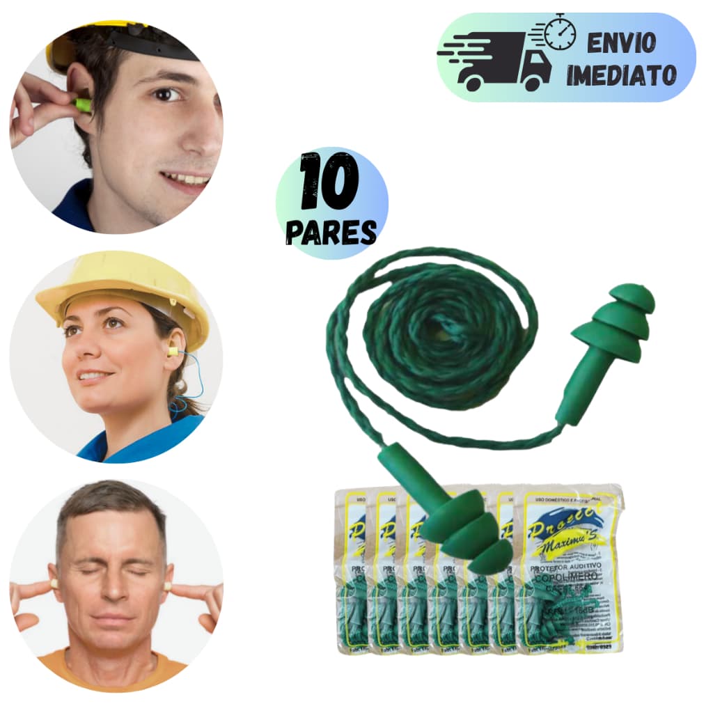 KIT 5/10 PROTETOR AURICULAR PARA OUVIDO PLUG VERDE SILICONE CONTRA SONS E RUIDOS ALTOS EPI COM CA