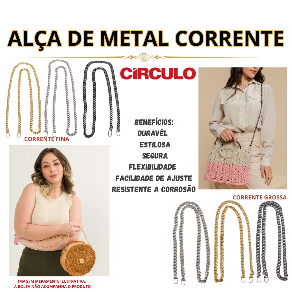 Alça de Bolsa Metal Circulo 120cm Fina e Grossa (1 un)