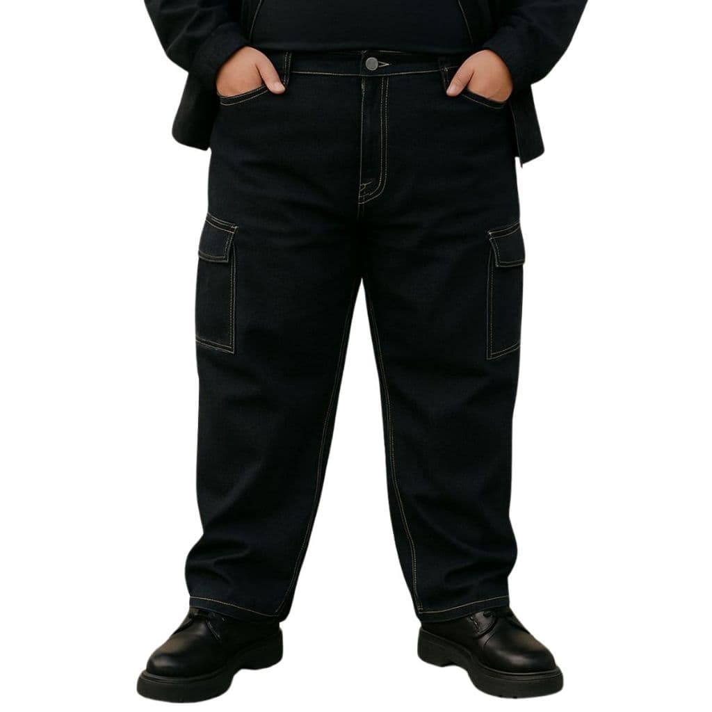 Calça Cargo Plus Size Masculina Preta Sarja com Linha Branca