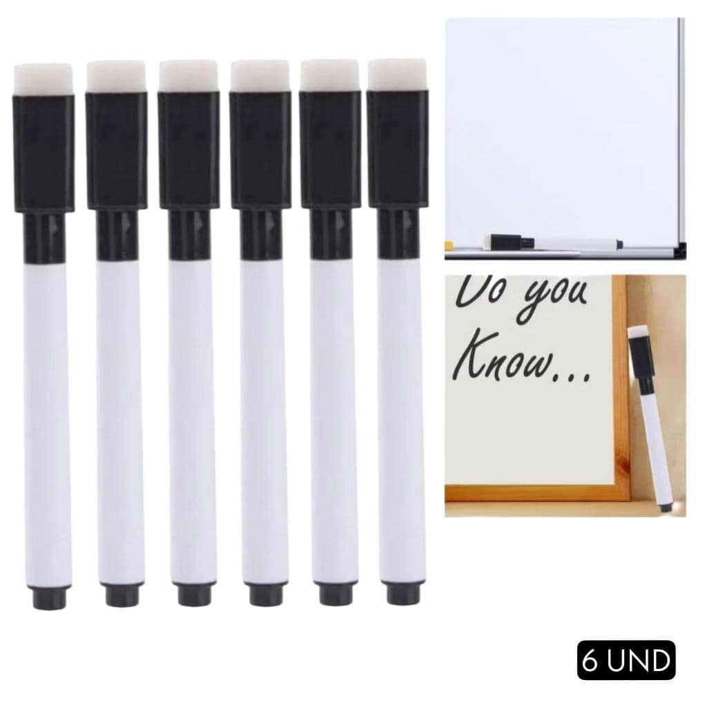 Kit 6 Canetas Para Quadro Branco Com Apagador - Caneta Pra Lousa - Tampa Preta