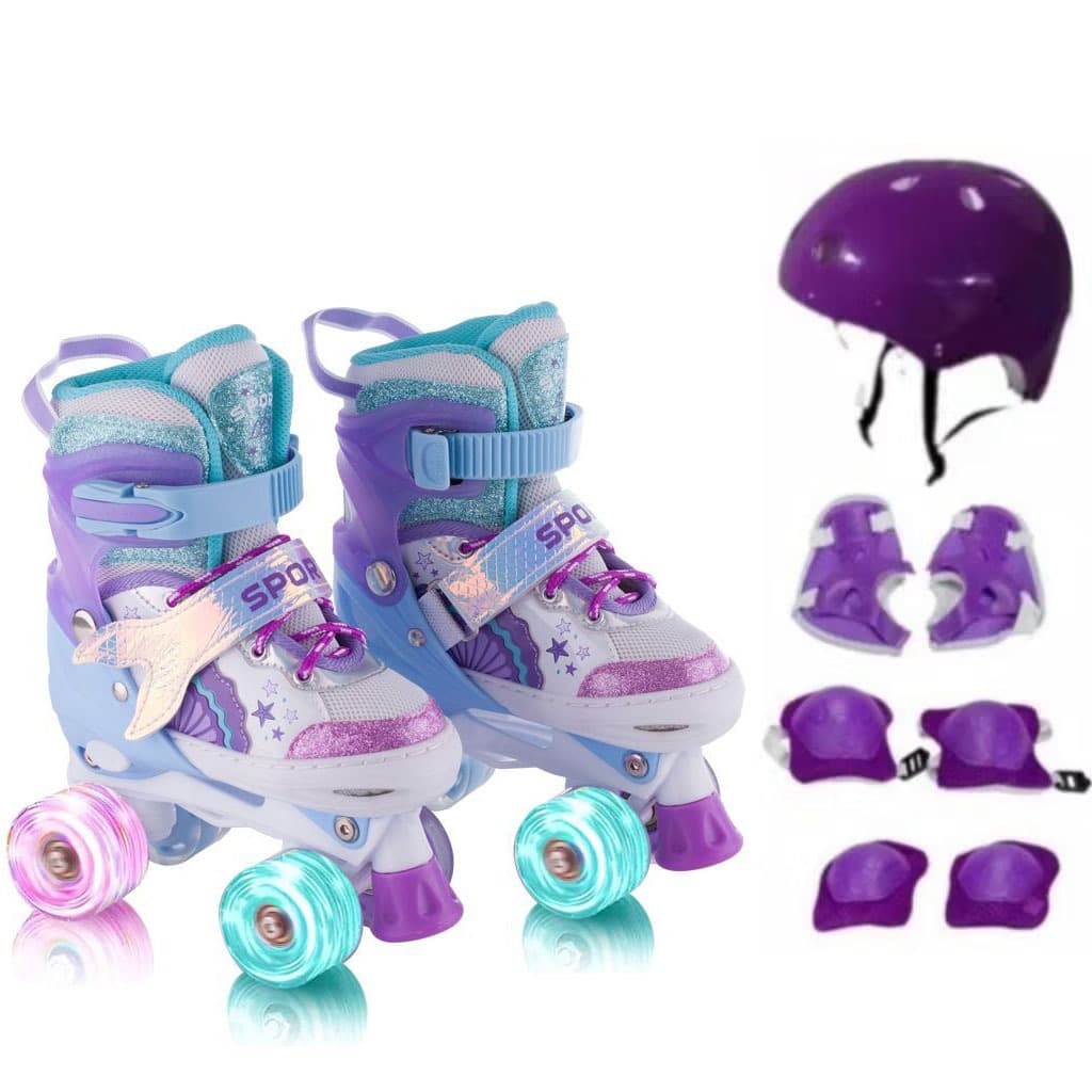 Patins Infantil De 4 Rodas Meninas Com Led + Proteção Ajustável Roxo Sereia Criança Black Friday