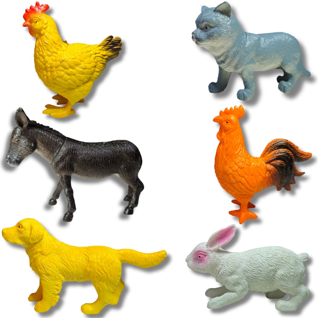 Kit Cartela Animais Da Fazenda De Borracha Coelho Galinha Galo Cachorro Burro