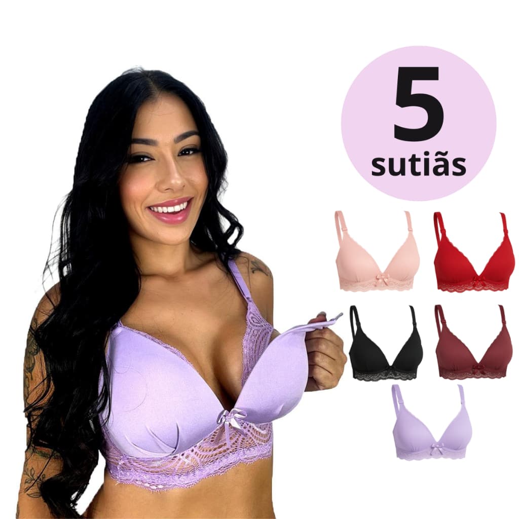 Kit 5 Sutiã de Amamentação com Bojo Soft e Renda para Gestante Maternidade e Pós Parto