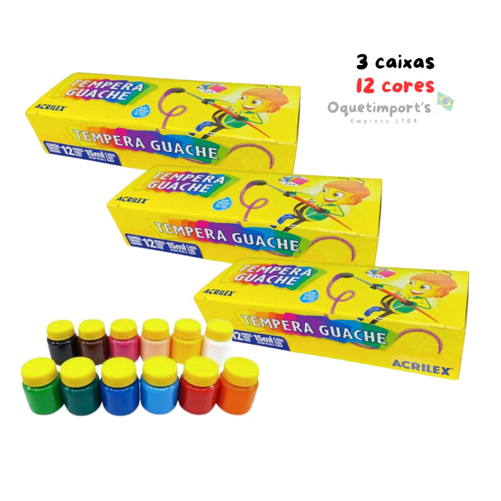 Kit 3 Caixas De Tinta Guache Infantil 12 Cores Acrilex