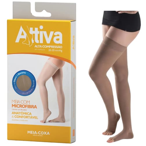 Meia Coxa 7/8 Elástica Alta Compressão 20-30mmHg Attiva Cor Natural Escuro Ponteira Aberta