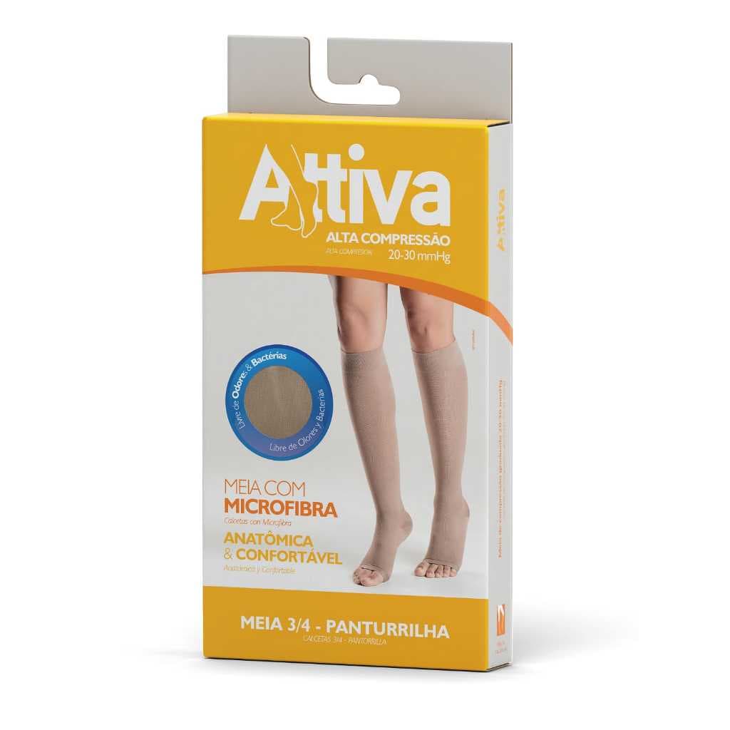 Meia 3/4 Attiva Panturrilha Alta Compressão 20-30mmHg Cor Natural Escuro Ponteira Aberta