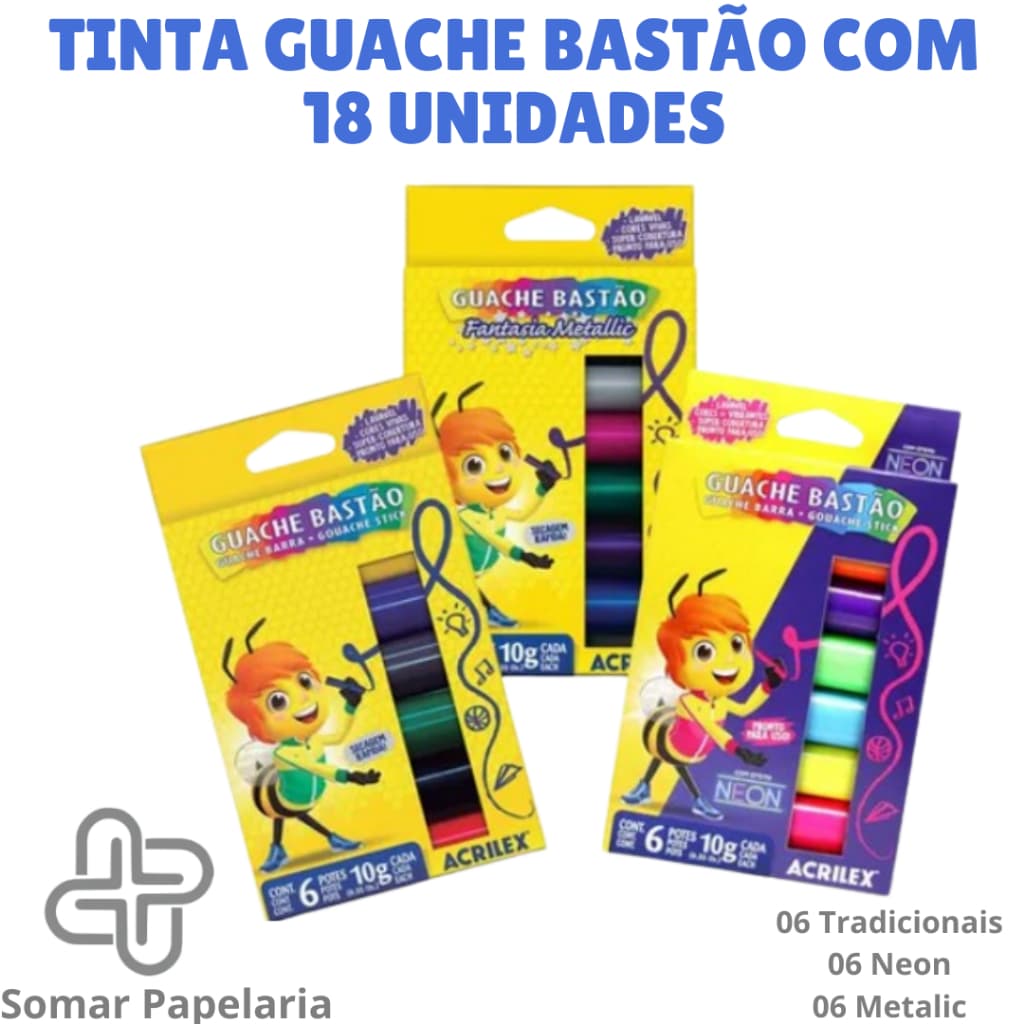 Tinta Guache Em Bastão Cores Tradicionais, Neon e Metalic - Acrilex