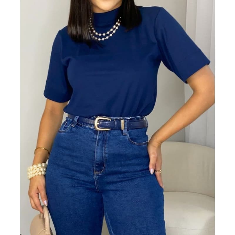 T-SHIRTS BÁSICA LISA GOLA ALTA CASUAL 100% ALGODÃO