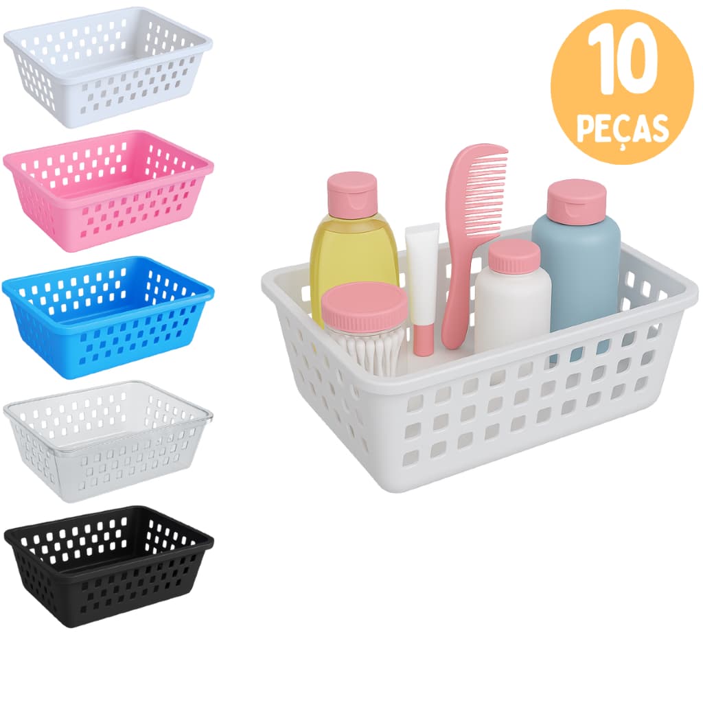 Cesto Organizador Kit 10 Peças 20x15x6cm Medio Branco Transparente Rosa Azul Preto