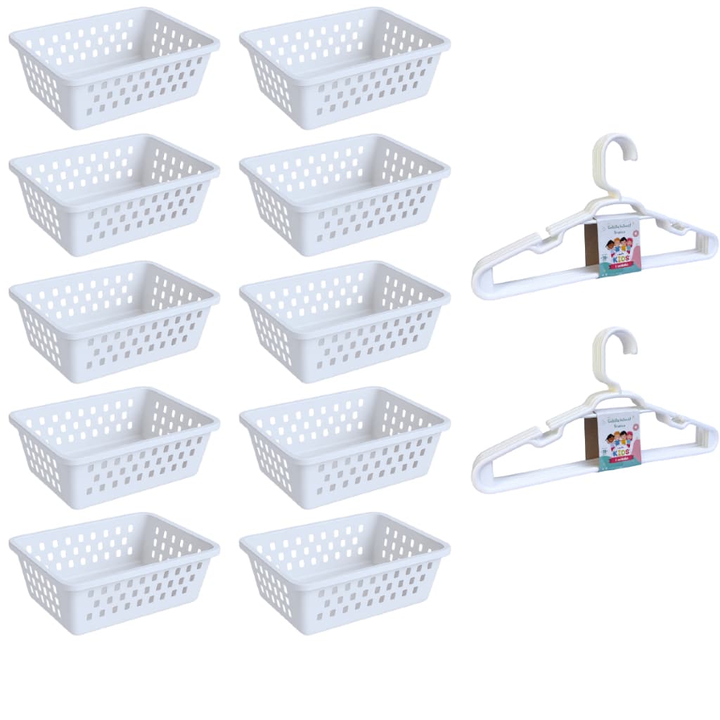 Kit 10 Cesto Organizador e 10 Cabide Infantil Branco Transparente Rosa Azul