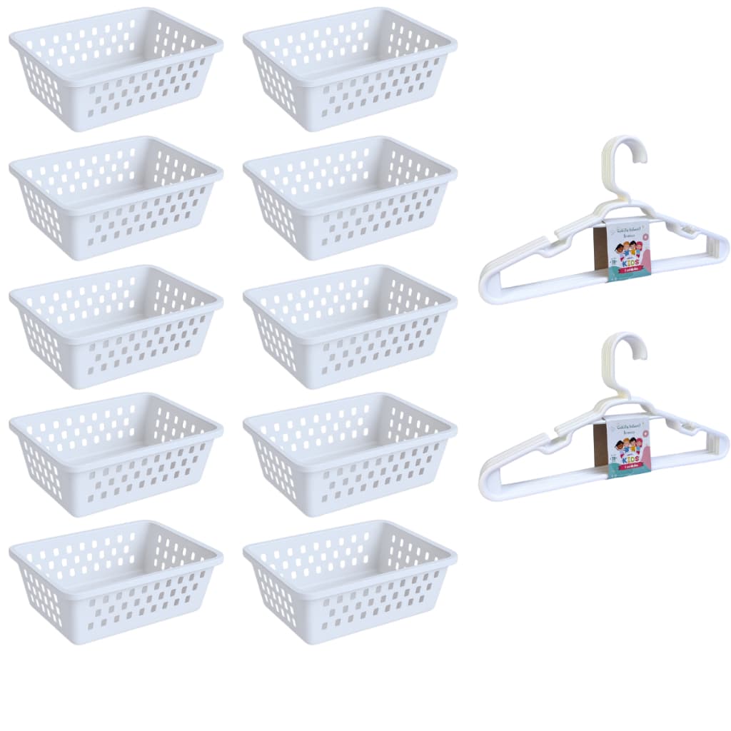 Kit 10 Cesto Organizador e 10 Cabide Infantil Branco Rosa Transparente Azul
