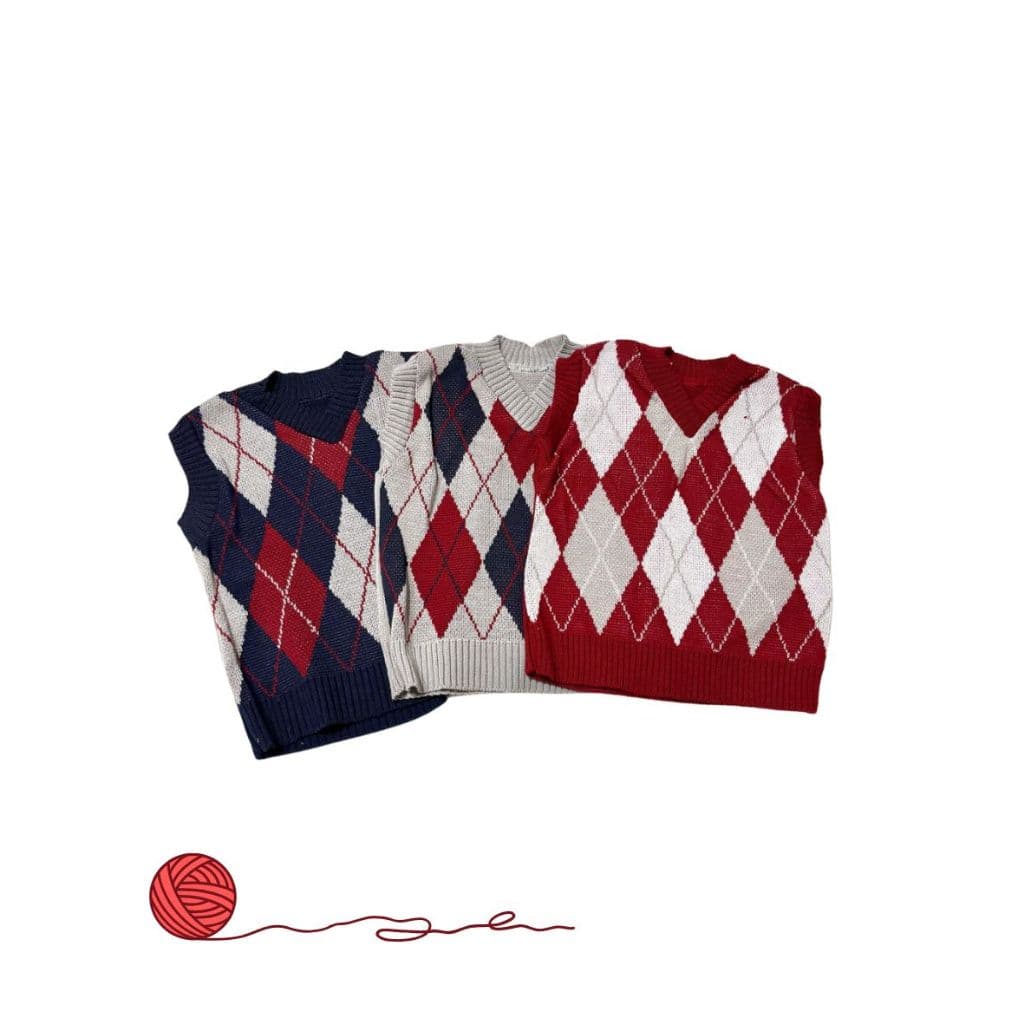 Colete Infantil Tricot Jacquard Luxo Xadrez Losango Bebê Menino Cores Vermelho Cinza Marinho Roupa