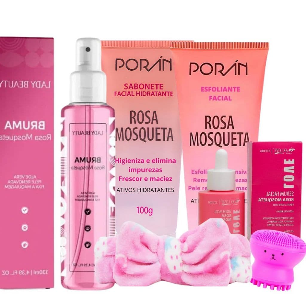 Kit Rosa Mosqueta Skin Care Limpeza Facial Completo Bruma Poran Sérum