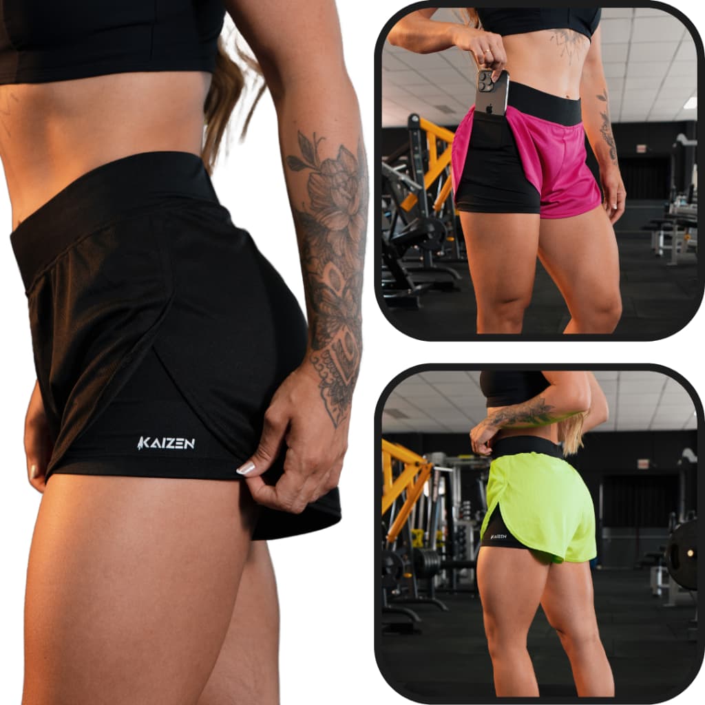 Shorts compressão 2 em 1 feminino para academia caminhadas e corrida