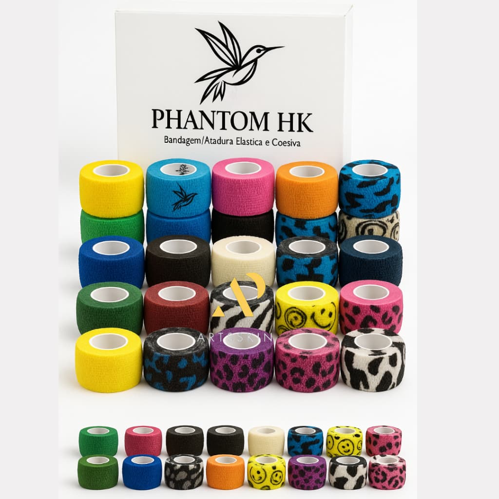 Bandagem Phantom HK 2,5cm x 4,5m Cores Variadas Tattoo Tatuagem Demógrafo Pesca P/Dedo Com Anvisa