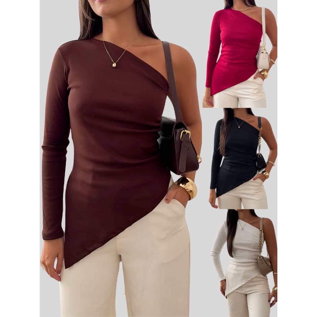Kit 2 Blusas Feminina Assimétrica Mula Manca Manga Longa Ribana Premium Básica Moda Casual Tendencia 2025