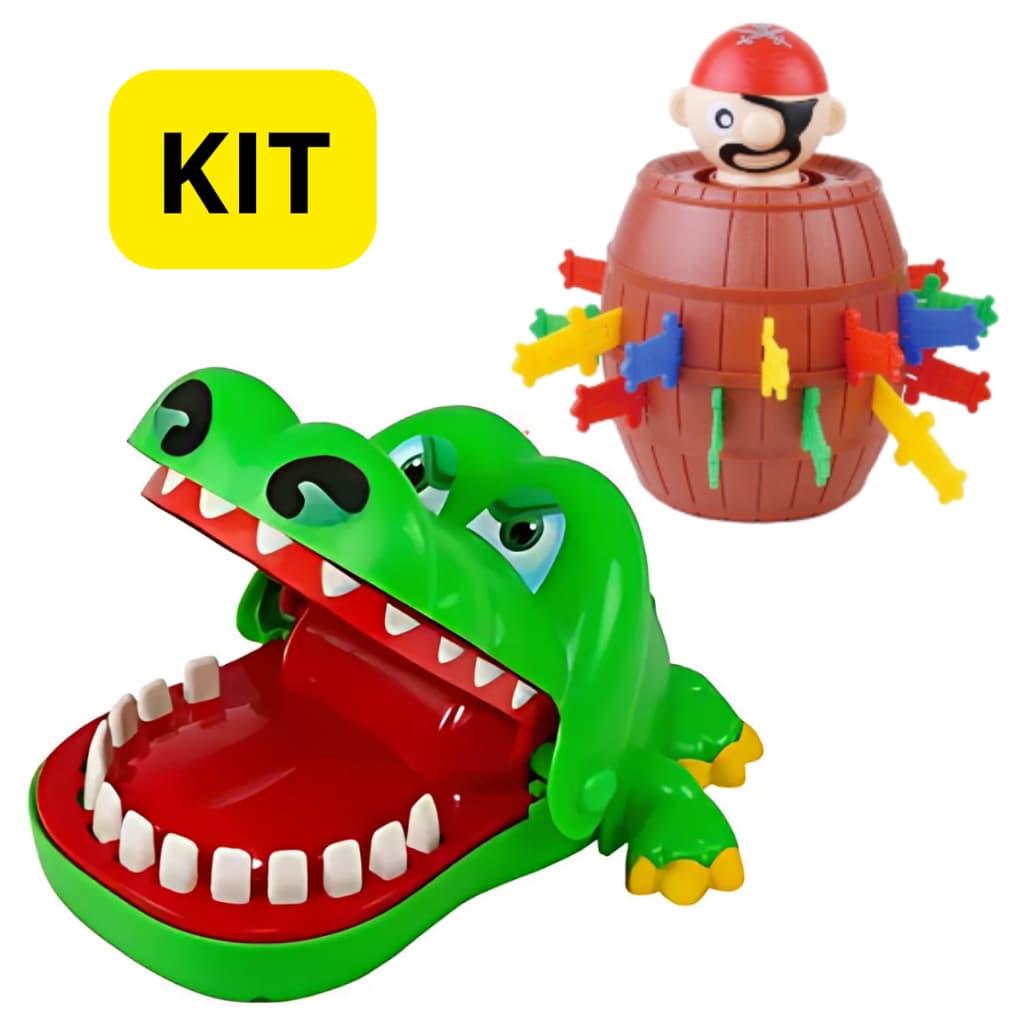 Kit 2 Brinquedos Jogo Jacaré Crocodilo Morde Dedo e Barril Pula Pirata Jogos de Tabuleiro Mesa Infantil Educativo