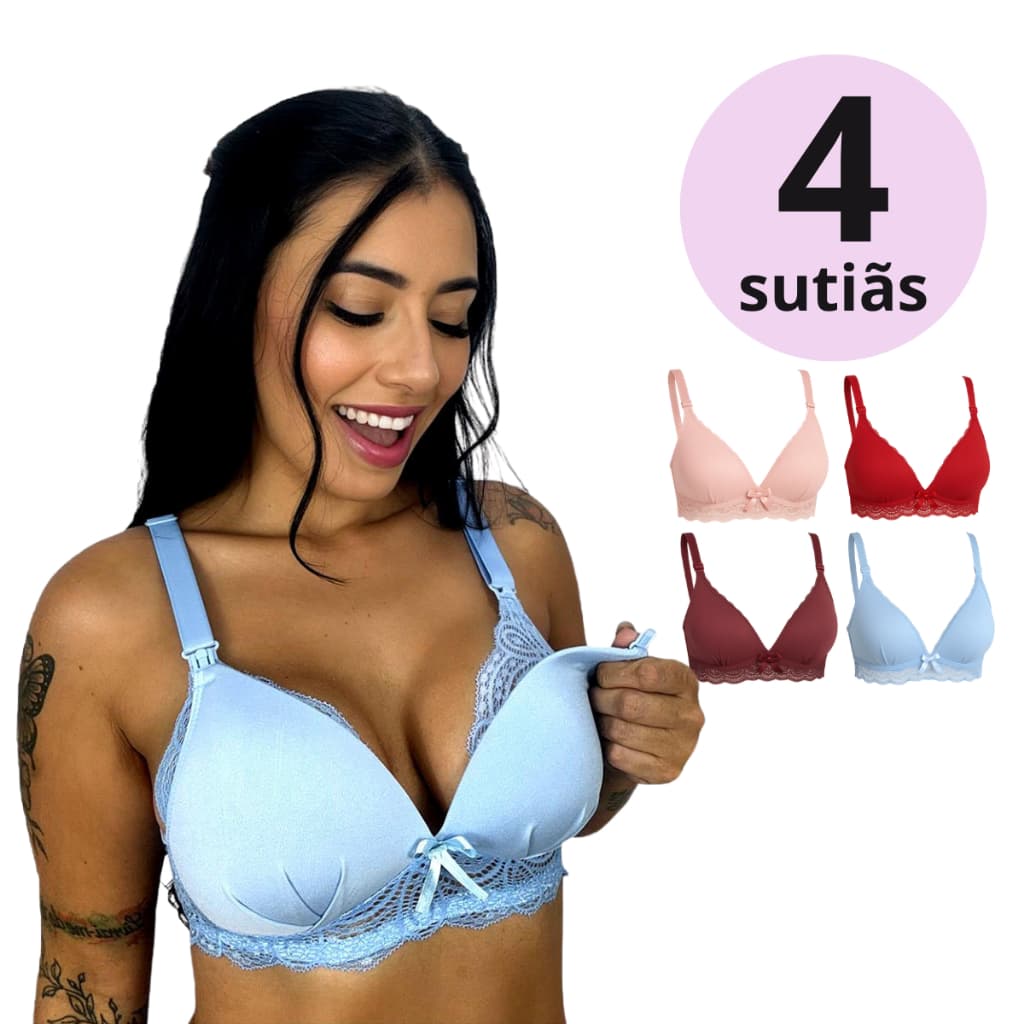 Kit 4 Sutiã de Amamentação com Bojo Soft e Renda para Gestante Maternidade e Pós Parto