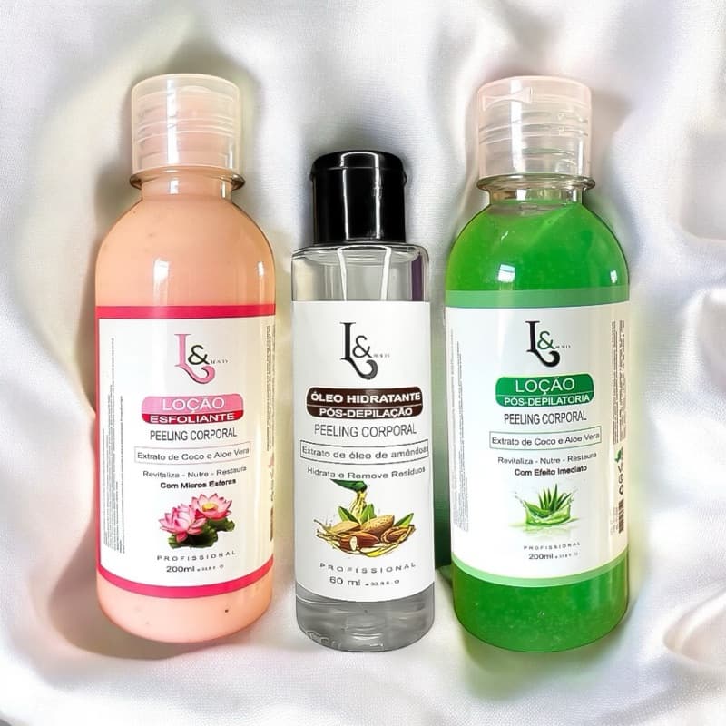 Kit Pré e Pós Depilação Gel Esfoliante Loção Pós Depilatória e Óleo Hidratante Removedor