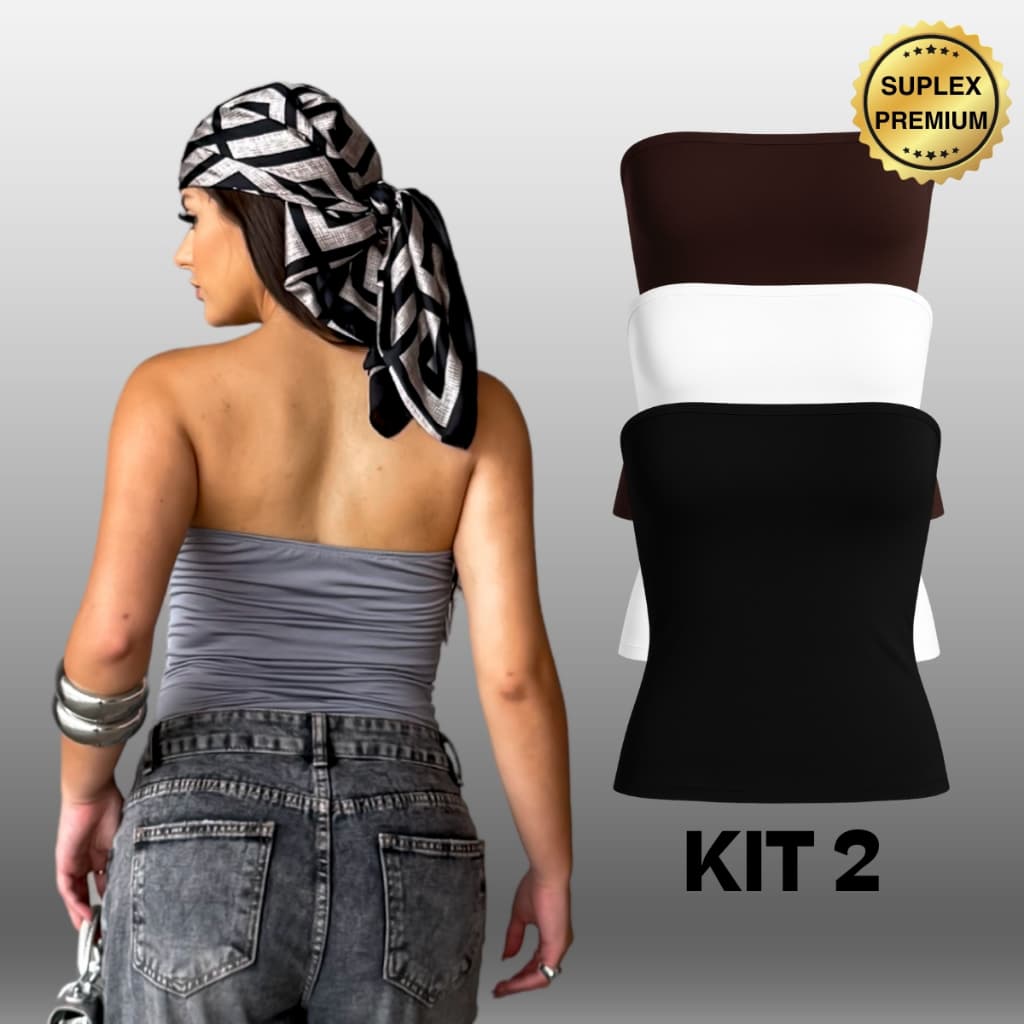 Kit com 2 Tube Top Suplex Faixa Blusa Feminino Duplo Cropped Tubinho Básico Suplex Blogueira Premium