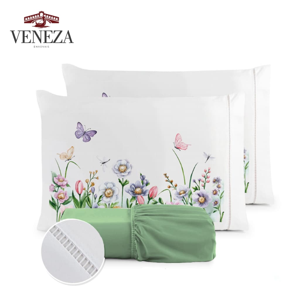 Kit Jogo de Cama Lençol Liso Fronha Estampada Micropercal 400 Fios Ponto Palito