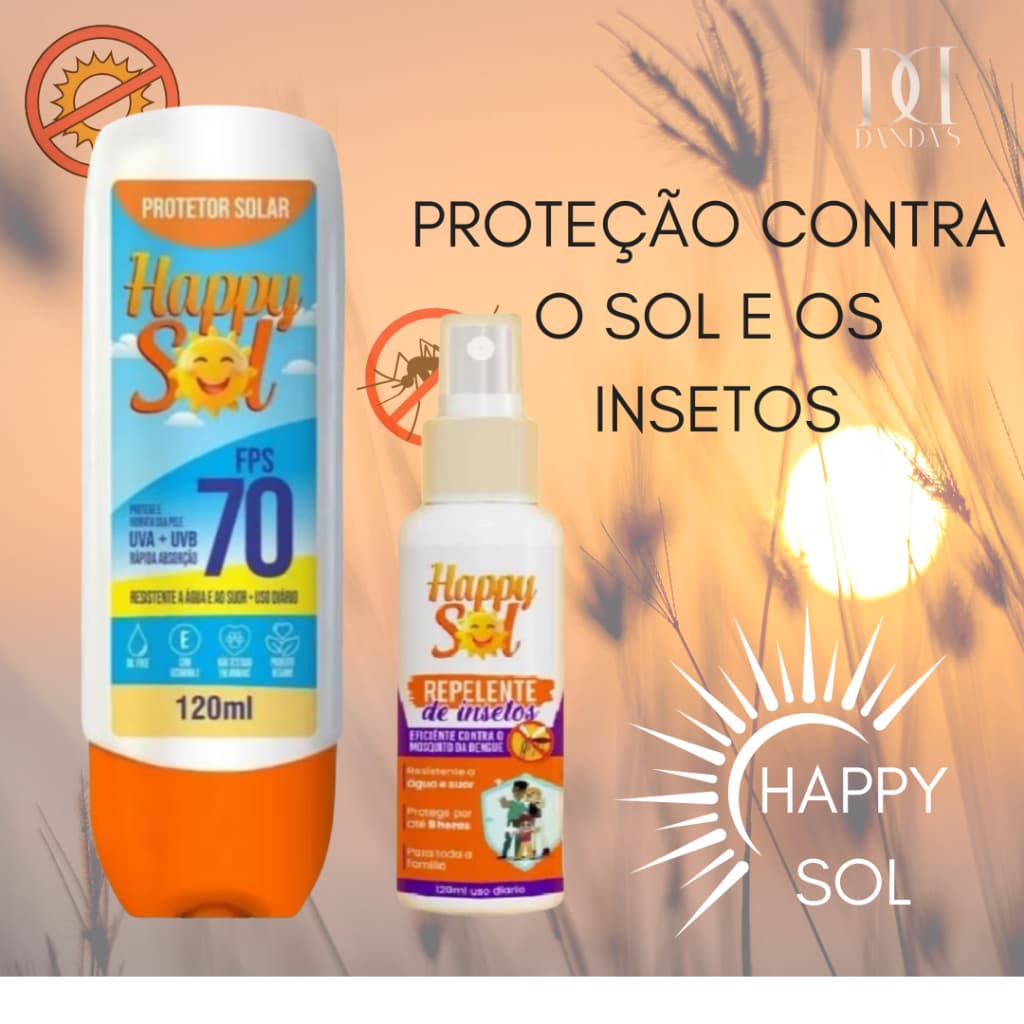 Protetor Solar HAPPY SOL 70 FPS 120ml + Spray Repelente de insetos Happy Sol – 120ml