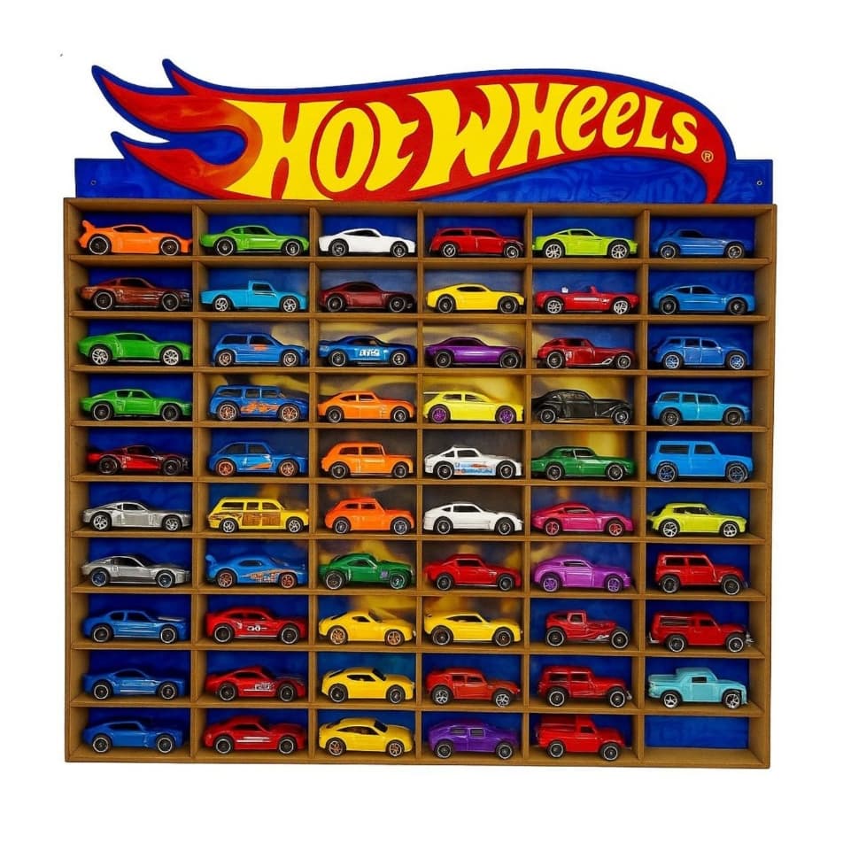Suporte de parede para 50 carrinhos em mdf adesivado hotwheels AZUL
