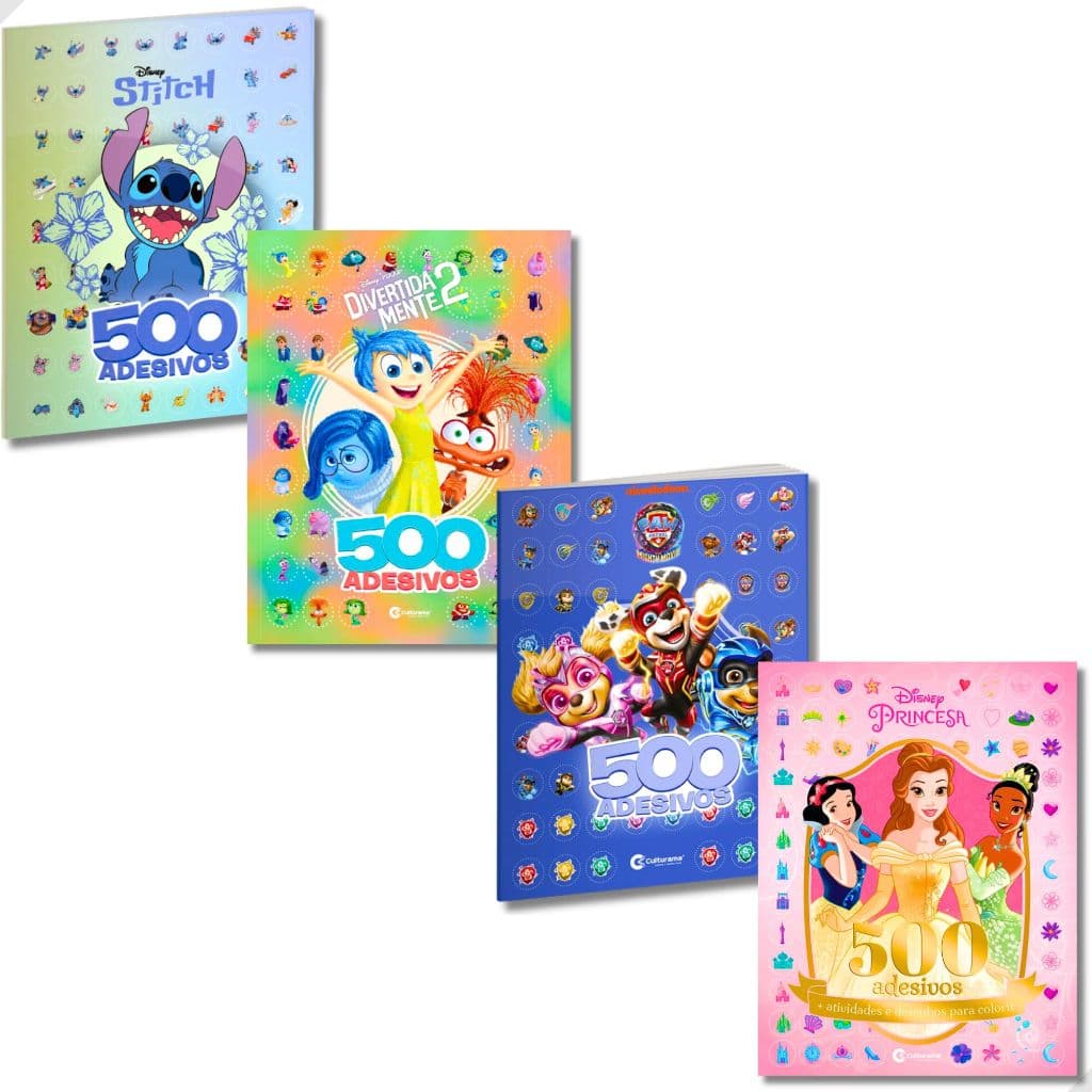 Livro Adesivos Infantil Disney DivertidaMente 2 Stitch Moana Princesas Patrulha Canina Rei Leão