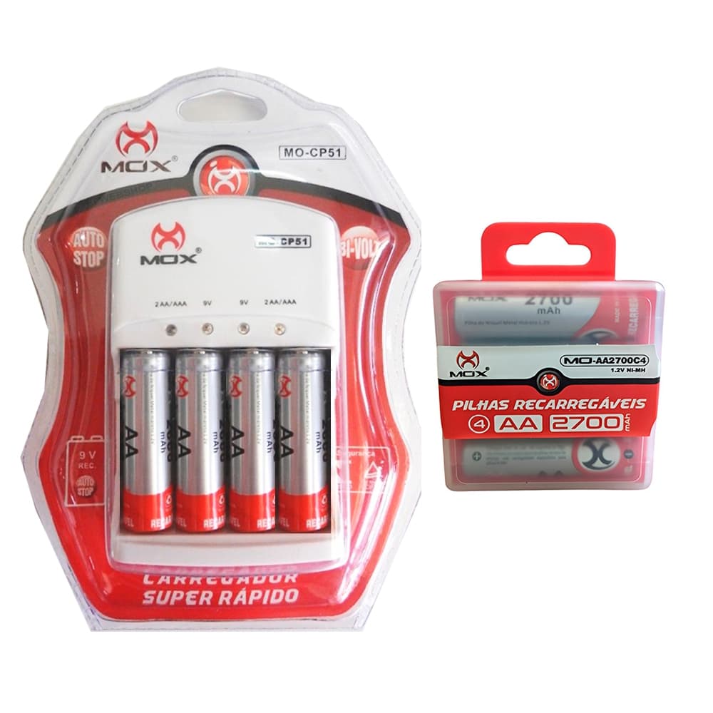 Carregador Mox Pilhas AA 2700mAh CP51 NFe Recarregáveis com Desligamento Automático e Led Inmetro