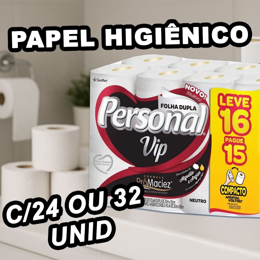 Papel Higiênico Personal Vip Folha Dupla Com 24 / 32 Rolos Cada Rolo Contém 30m Fórmula PróMaciez