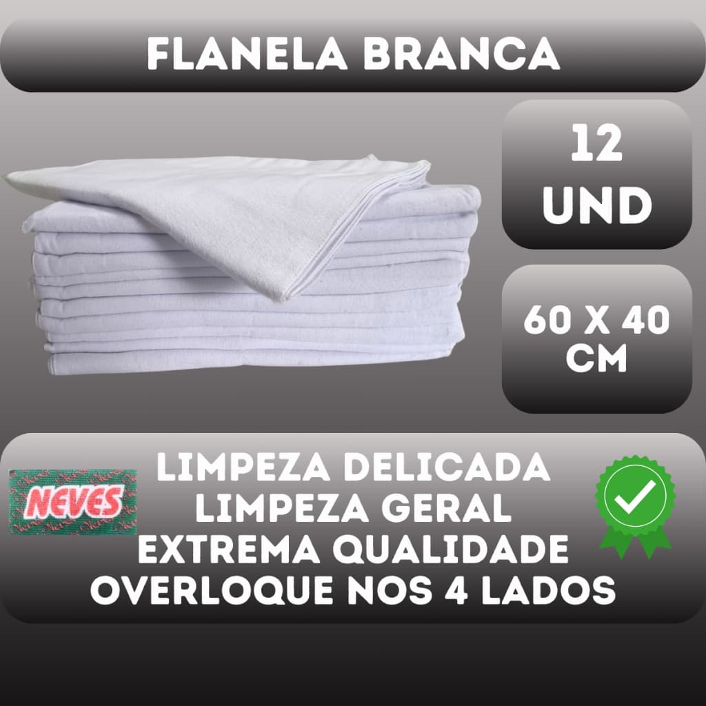 Flanela Branca 40x60 Para Limpeza Geral - 12 Unidades