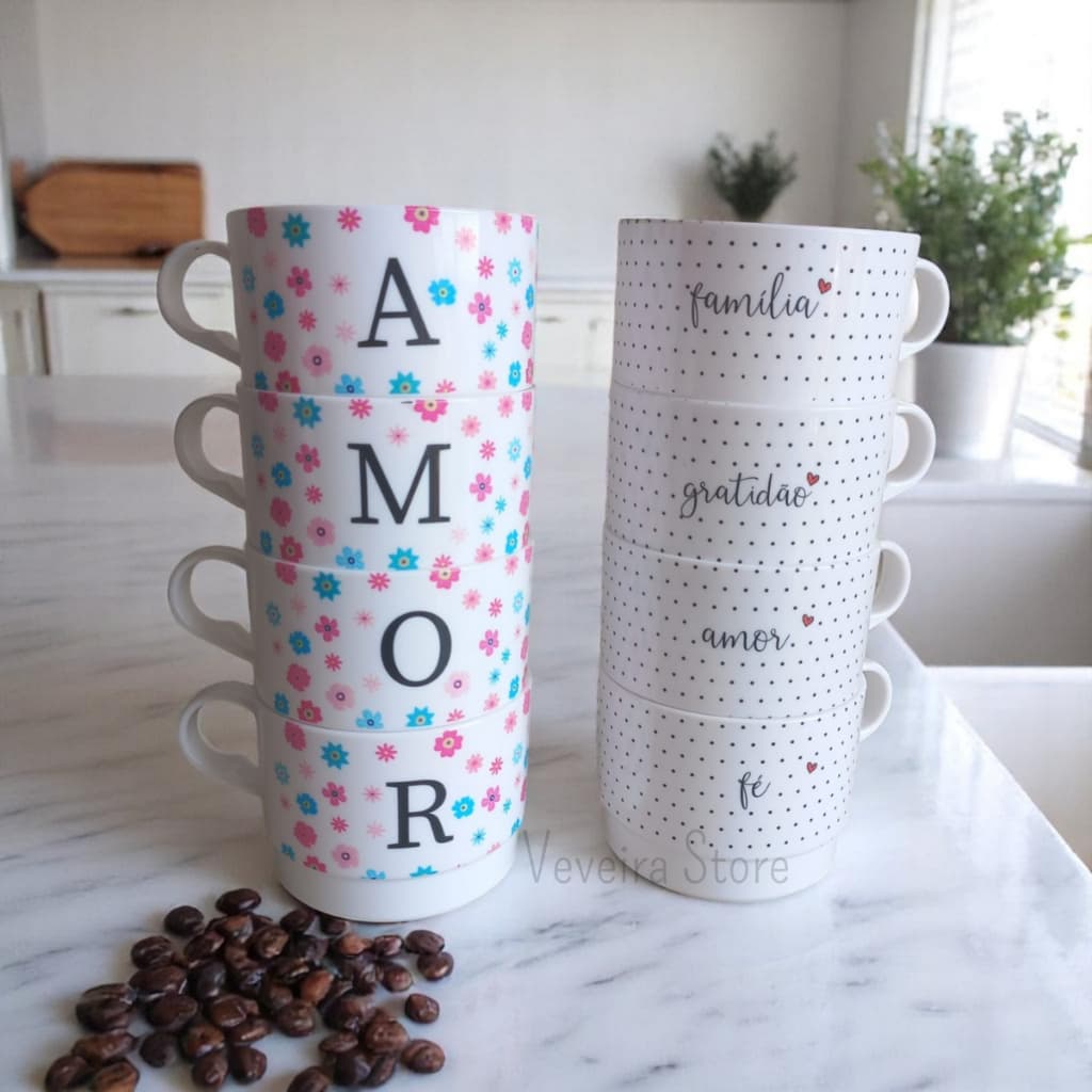 Jogo de 4 ou 8 Xícaras em Acrílico Empilhável 200 Ml Café Chá Cantinho do Café Presente Lembrancinha