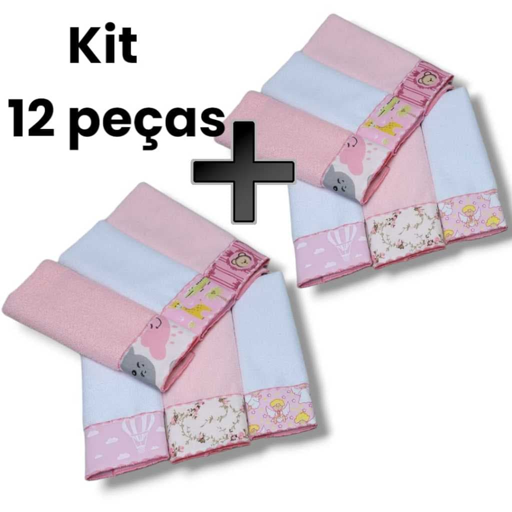 Kit Toalha Ombro ou Boca Tipo Babete 12 Unidades Overlocado e Tecido Estampas Variadas Toalhas Coloridas Macia