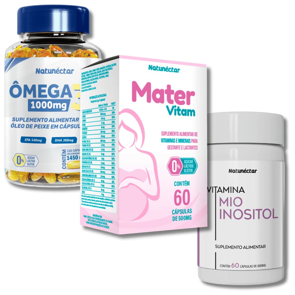 KIT Completo Vitaminas Gestantes Multivitamínico Mater Vitam + Ômega 3 + Mio Inositol Natunéctar