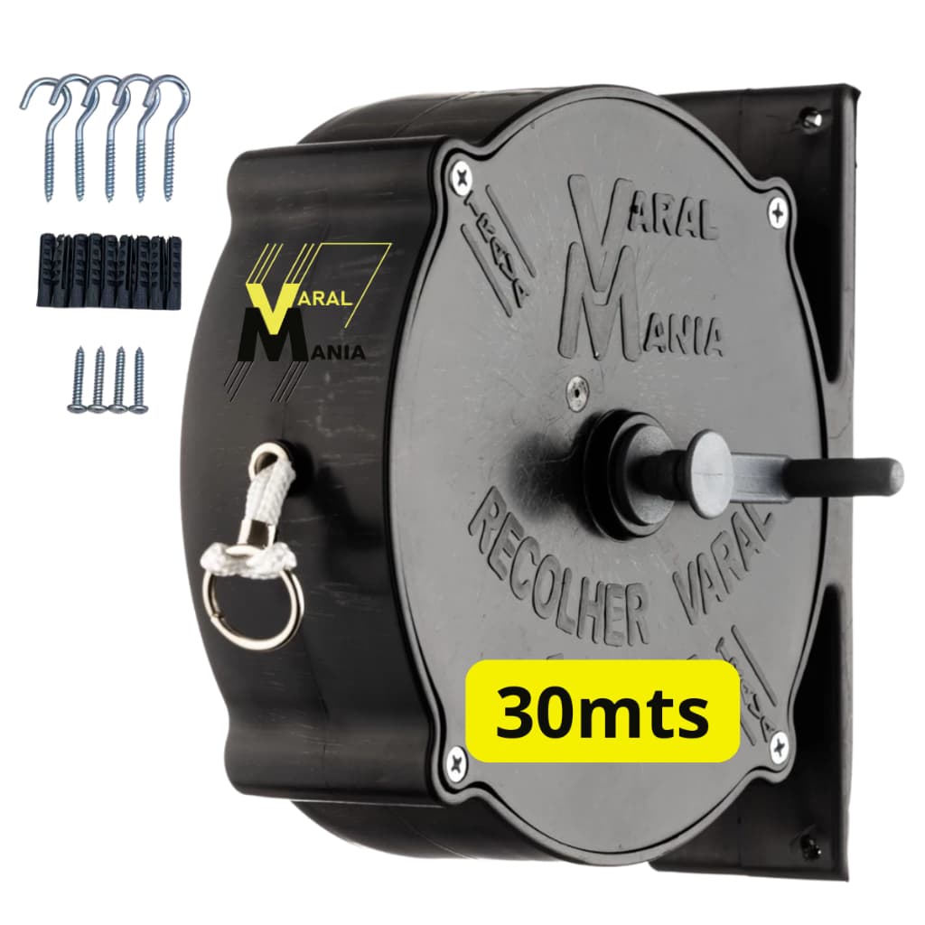 Varal Recolhível De Parede 30m Preto Resistente Ao Tempo Sol e Chuva, Para Casas e Apartamentos