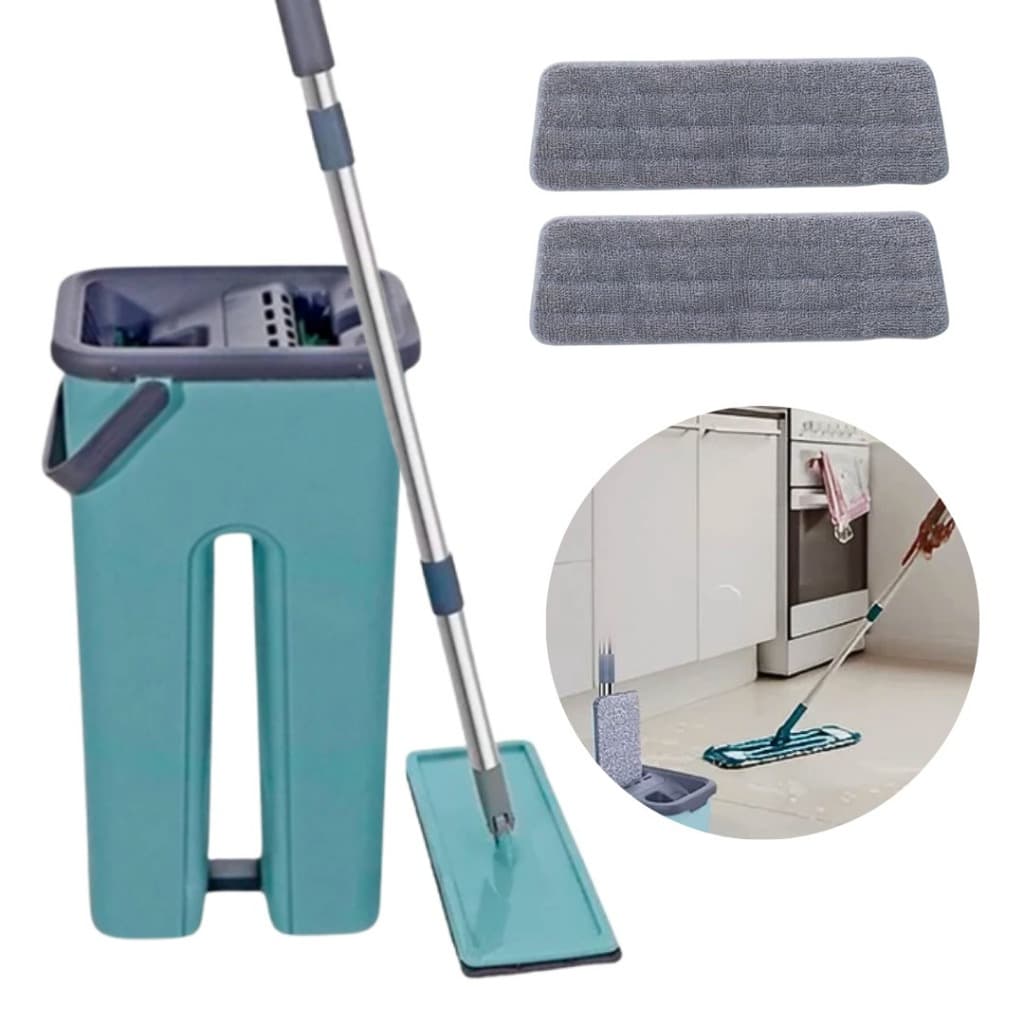 Mop Flat Esfregão Com Balde Rodo Mágico Lava Seca Tira Pó + 2 Refil Extra